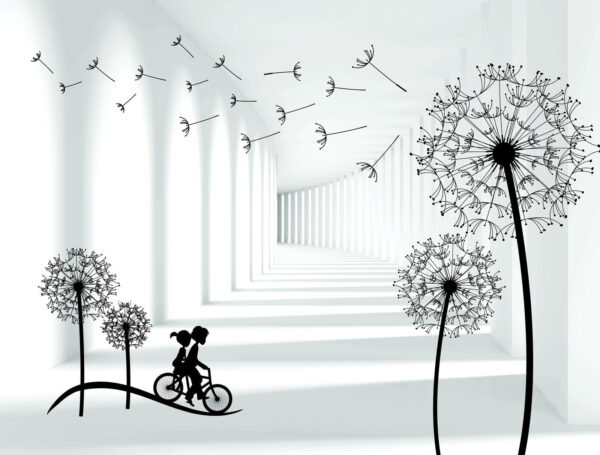 Rapariga a andar de bicicleta numa sala com dentes-de-leão Rapariga a andar de bicicleta numa sala com dentes-de-leão