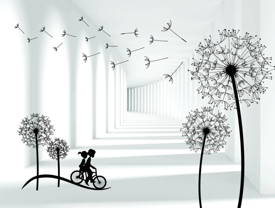 Papel de parede Rapariga a andar de bicicleta numa sala com dentes-de-leão - Image 8