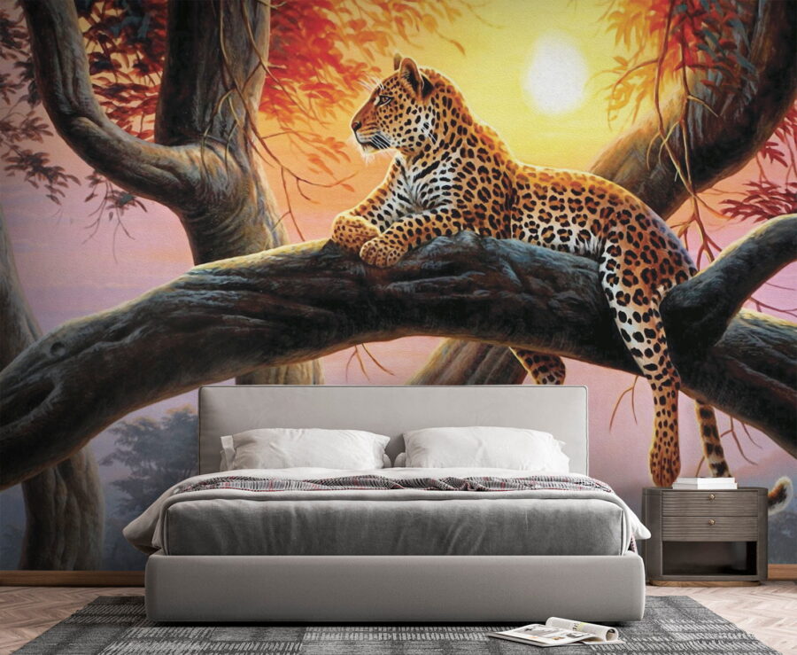 Leopardo deitado num ramo de árvore