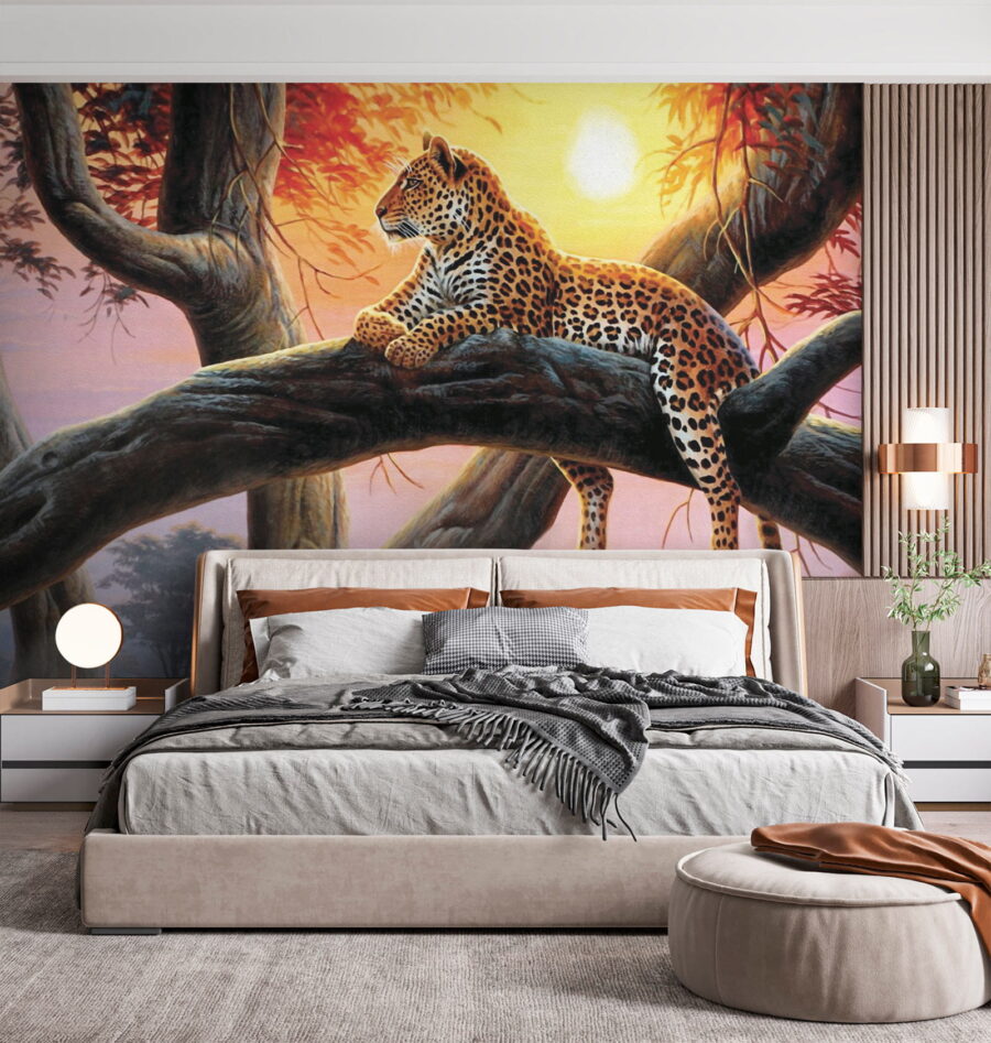 Leopardo deitado num ramo de árvore