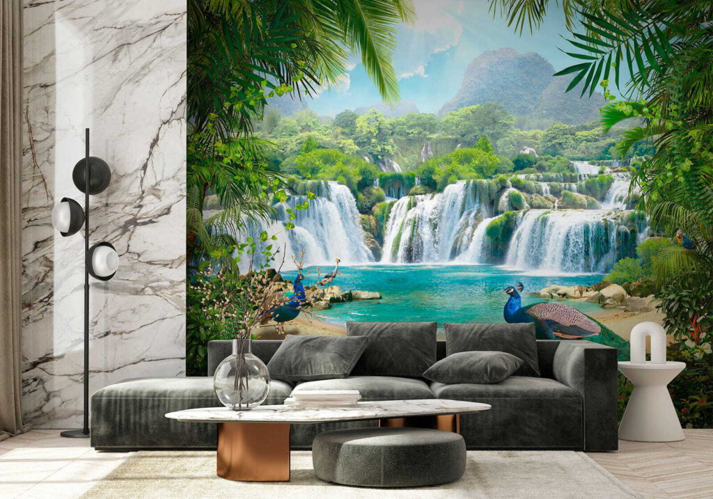 Waterfall and birds in a forest