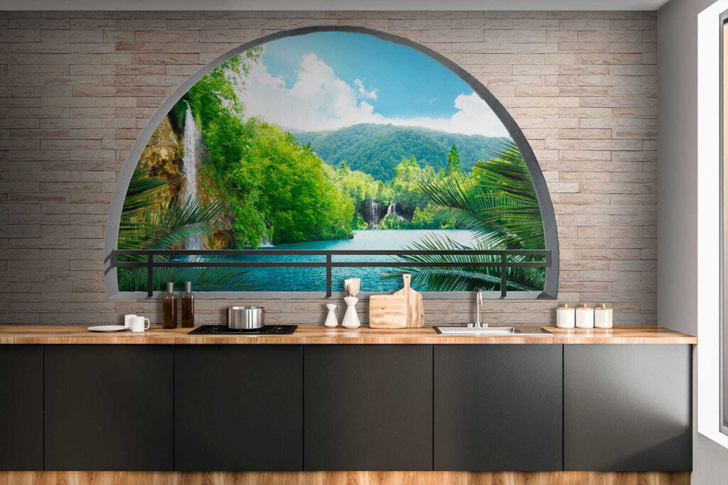 Window with a waterfall and trees Window with a waterfall and trees