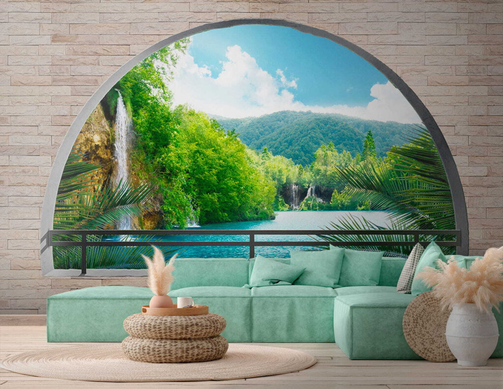 Window with a waterfall and trees Window with a waterfall and trees