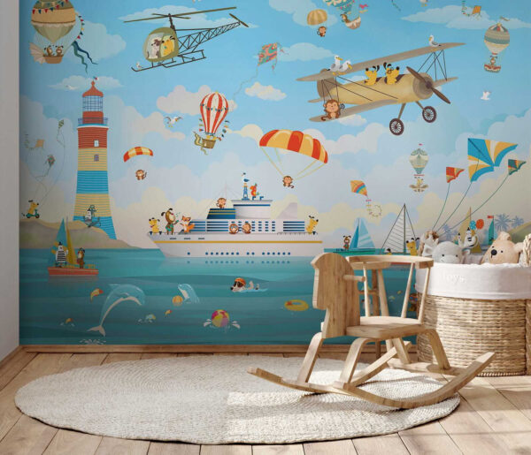 Animais em desenho animado a voar sobre um barco Animais em desenho animado a voar sobre um barco