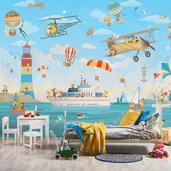 Animais em desenho animado a voar sobre um barco Animais em desenho animado a voar sobre um barco