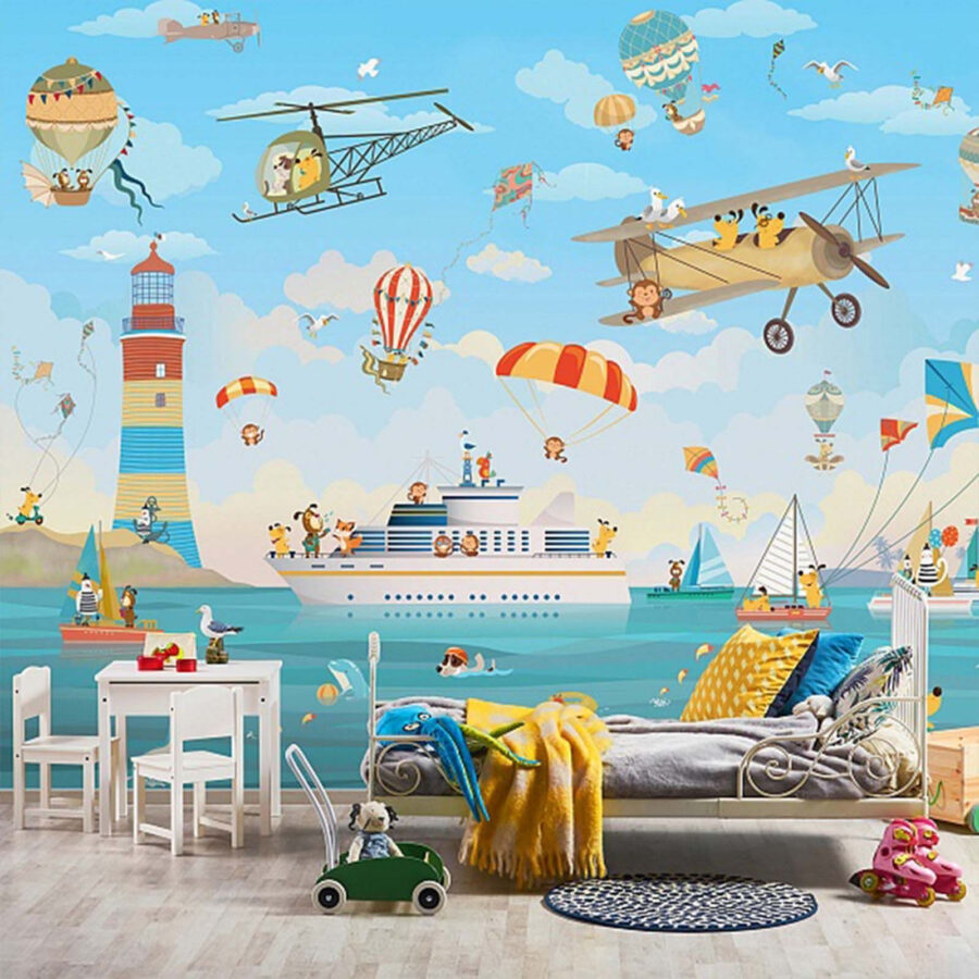 Animais em desenho animado a voar sobre um barco