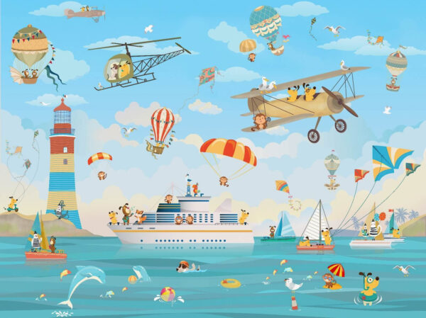 Animais em desenho animado a voar sobre um barco Animais em desenho animado a voar sobre um barco