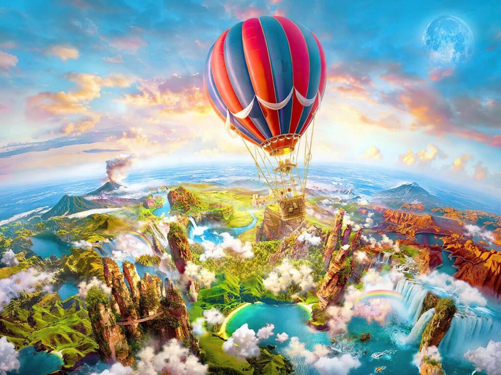 Balão de ar quente sobre uma paisagem Balão de ar quente sobre uma paisagem
