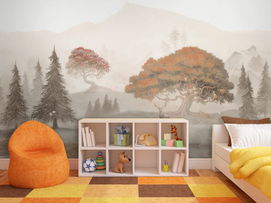 Pintura de uma floresta com árvores e montanhas