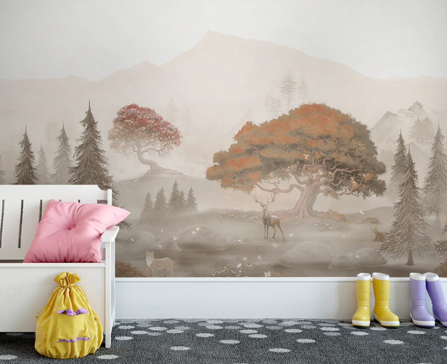 Pintura de uma floresta com árvores e montanhas