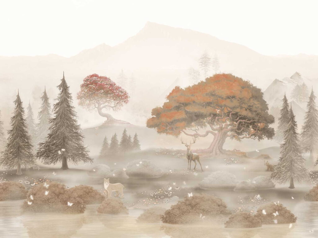 Pintura de uma floresta com árvores e montanhas Pintura de uma floresta com árvores e montanhas