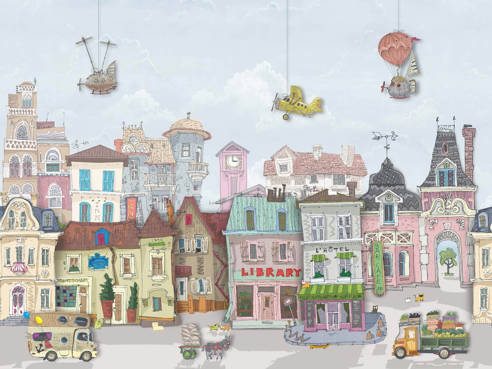 Grupo de edifícios com carros e aviões u62113p - Grupo de edifícios com carros e aviões - tegory