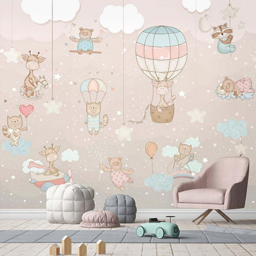 Papel de parede Mural de parede com animais e balões