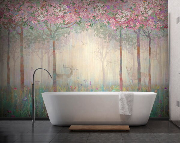 Pintura de uma floresta com árvores e flores Pintura de uma floresta com árvores e flores