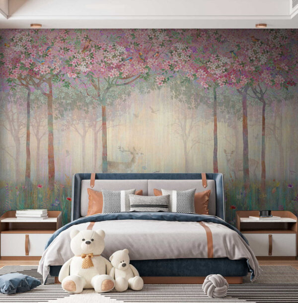 Pintura de uma floresta com árvores e flores Pintura de uma floresta com árvores e flores