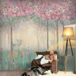 Papel de parede Pintura de uma floresta com árvores e flores