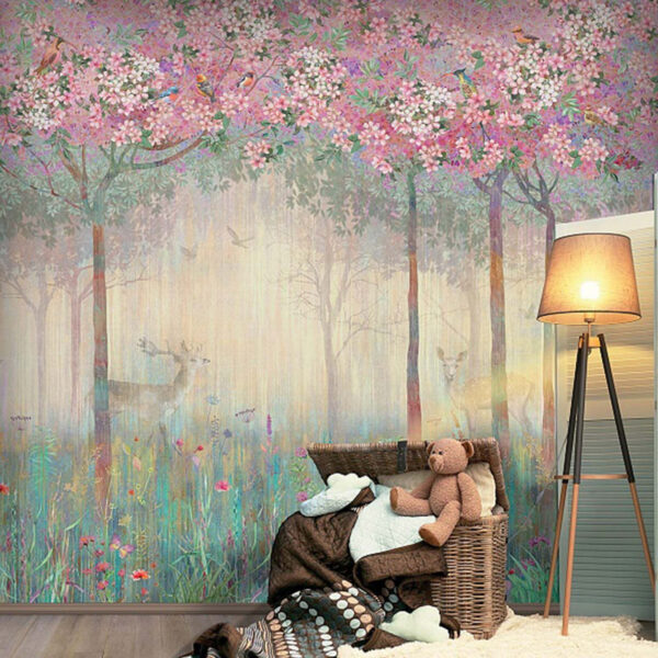 Pintura de uma floresta com árvores e flores Pintura de uma floresta com árvores e flores