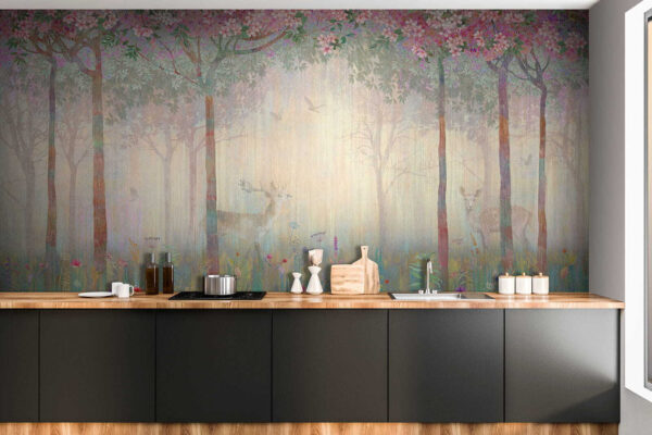 Pintura de uma floresta com árvores e flores Pintura de uma floresta com árvores e flores