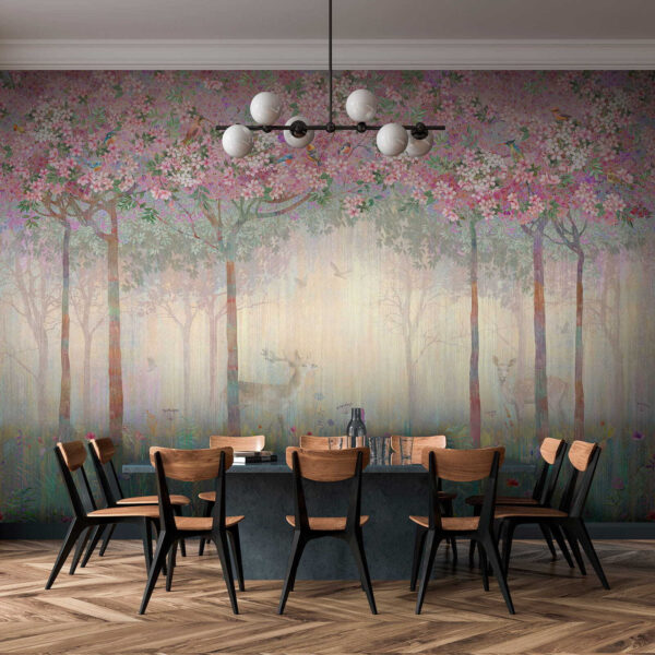 Pintura de uma floresta com árvores e flores Pintura de uma floresta com árvores e flores