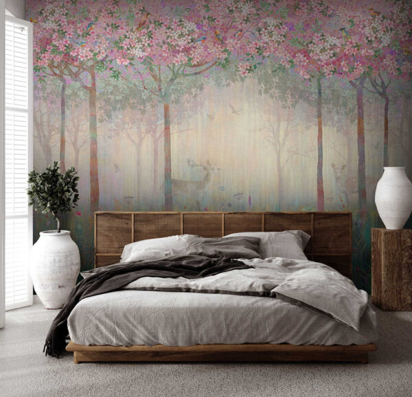 Pintura de uma floresta com árvores e flores Pintura de uma floresta com árvores e flores