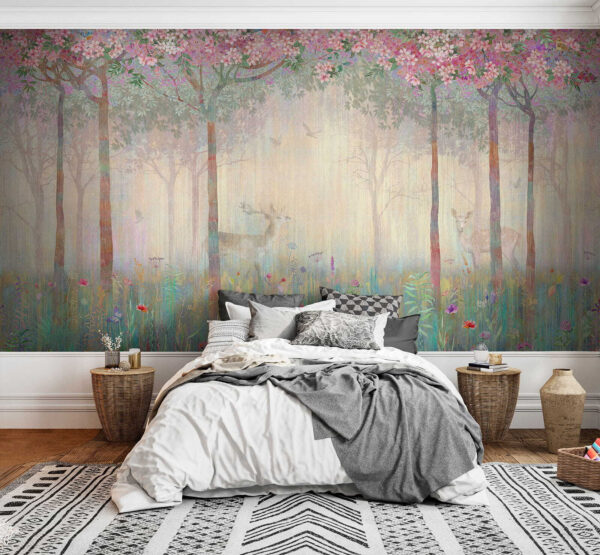 Pintura de uma floresta com árvores e flores Pintura de uma floresta com árvores e flores