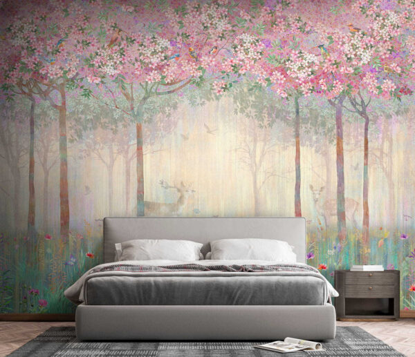 Pintura de uma floresta com árvores e flores Pintura de uma floresta com árvores e flores