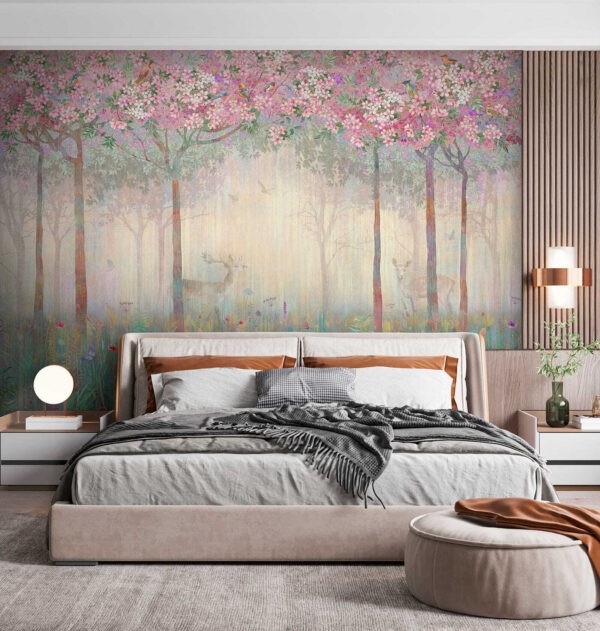 Pintura de uma floresta com árvores e flores Pintura de uma floresta com árvores e flores