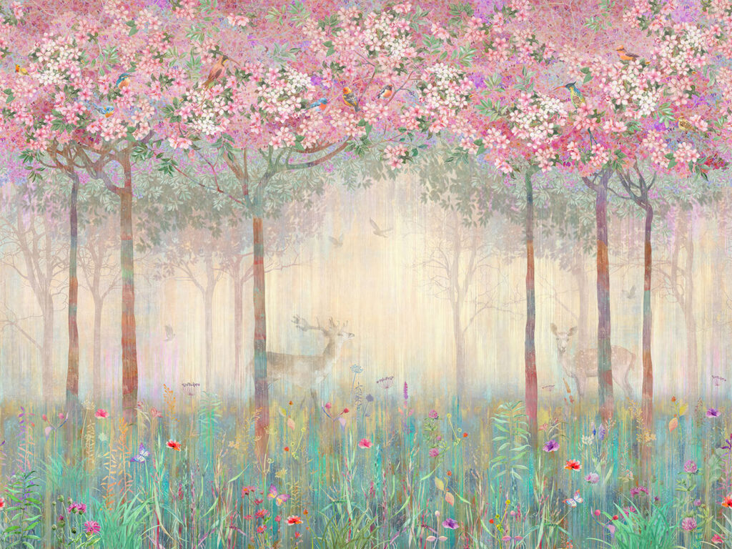 Pintura de uma floresta com árvores e flores Pintura de uma floresta com árvores e flores