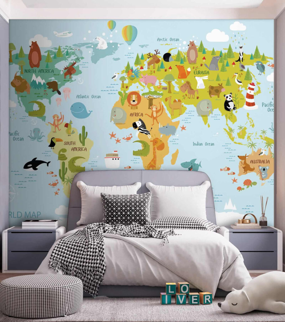 Map of the world with animals Map of the world with animals