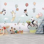 Papel de parede Desenho animado de animais numa bicicleta