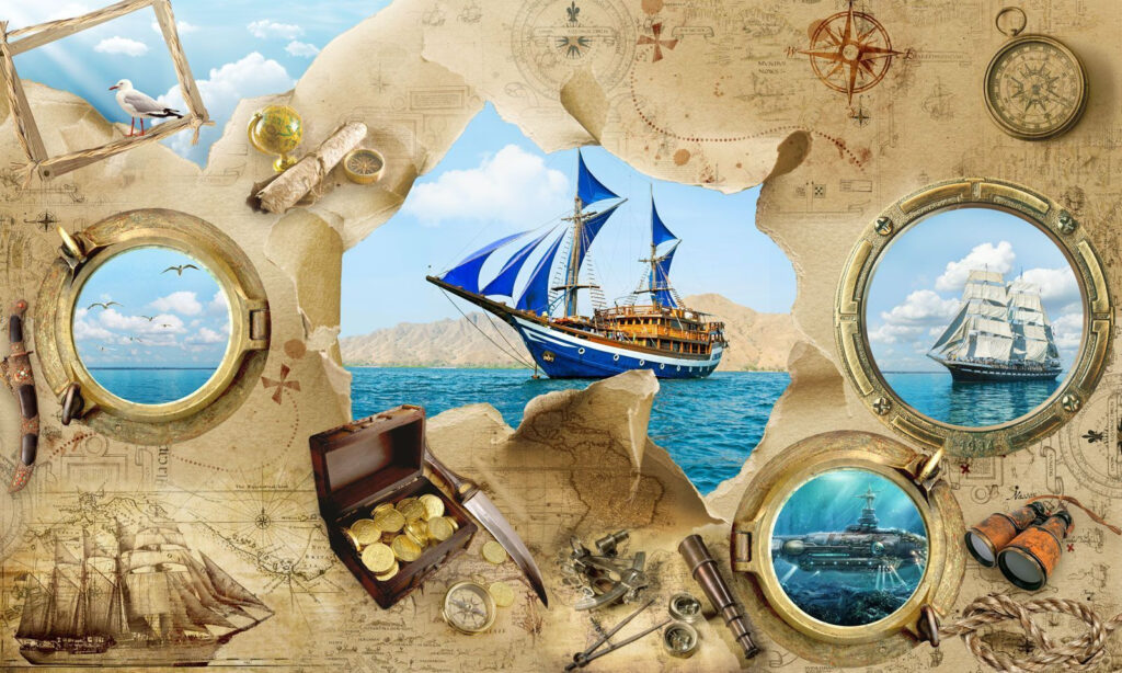 Mapa do tesouro pirata com um navio na água Mapa do tesouro pirata com um navio na água
