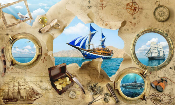 Mapa do tesouro pirata com um navio na água Mapa do tesouro pirata com um navio na água