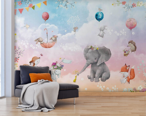 Papel de parede Mural de parede com animais e balões