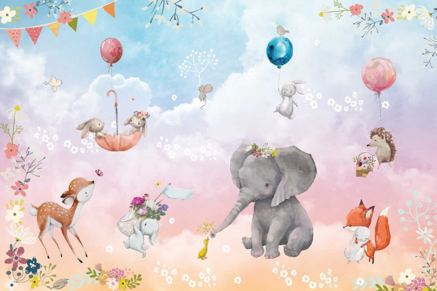 Mural de parede com animais e balões