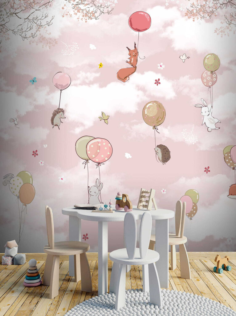 Group of animals flying with balloons in the sky Group of animals flying with balloons in the sky