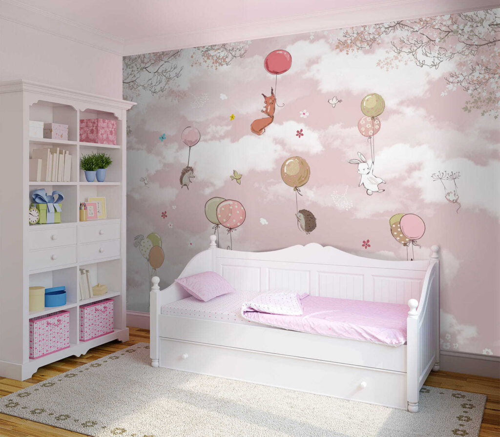 Group of animals flying with balloons in the sky Group of animals flying with balloons in the sky