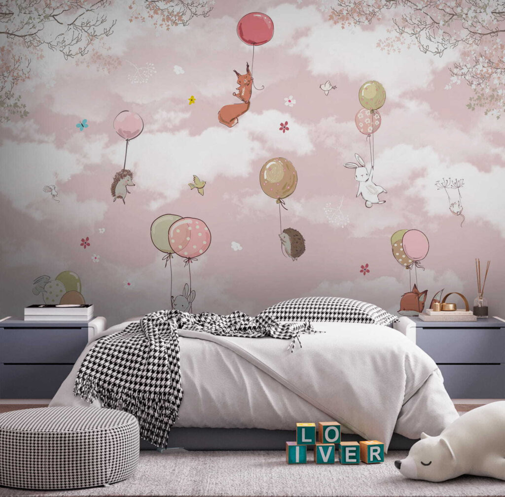 Group of animals flying with balloons in the sky Group of animals flying with balloons in the sky