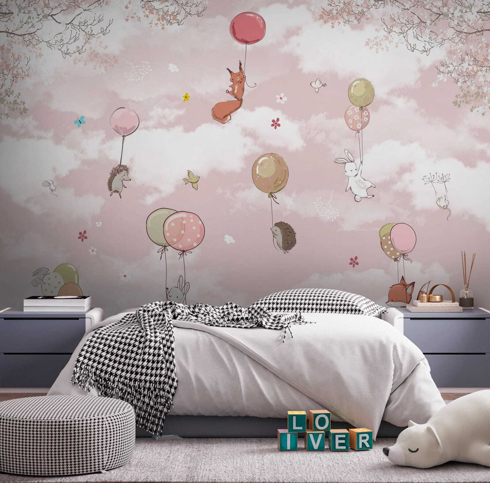 Group of animals flying with balloons in the sky Group of animals flying with balloons in the sky