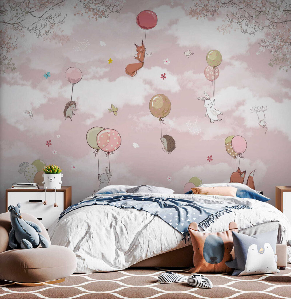 Group of animals flying with balloons in the sky Group of animals flying with balloons in the sky