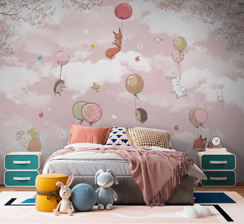 Group of animals flying with balloons in the sky Group of animals flying with balloons in the sky