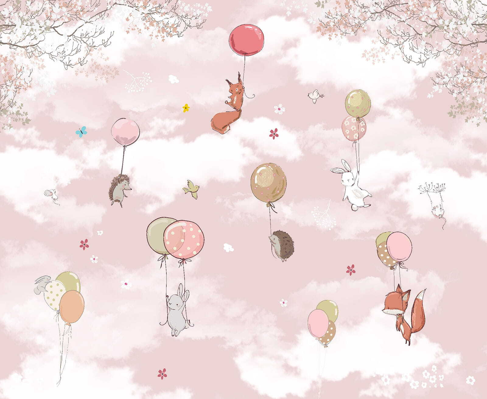 Group of animals flying with balloons in the sky Group of animals flying with balloons in the sky