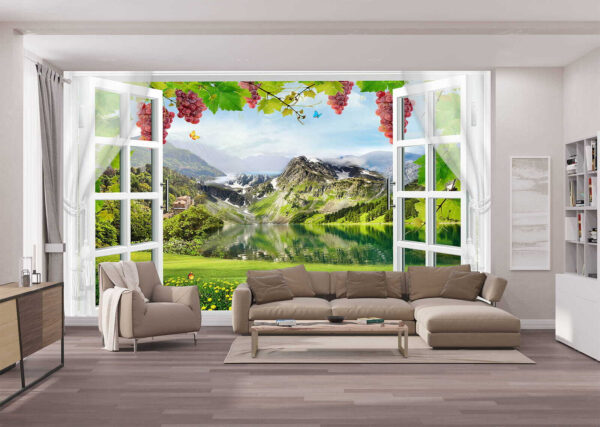 Janela com vista para um lago e montanhas Janela com vista para um lago e montanhas