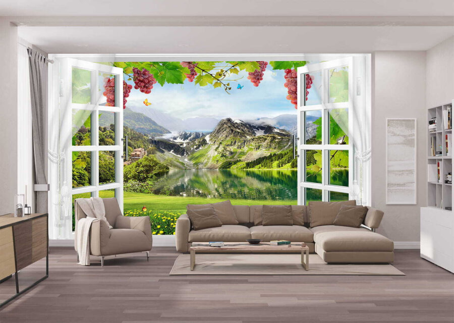 Janela com vista para um lago e montanhas