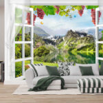 Papel de parede Janela com vista para um lago e montanhas