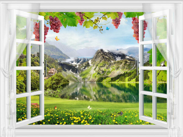 Janela com vista para um lago e montanhas Janela com vista para um lago e montanhas