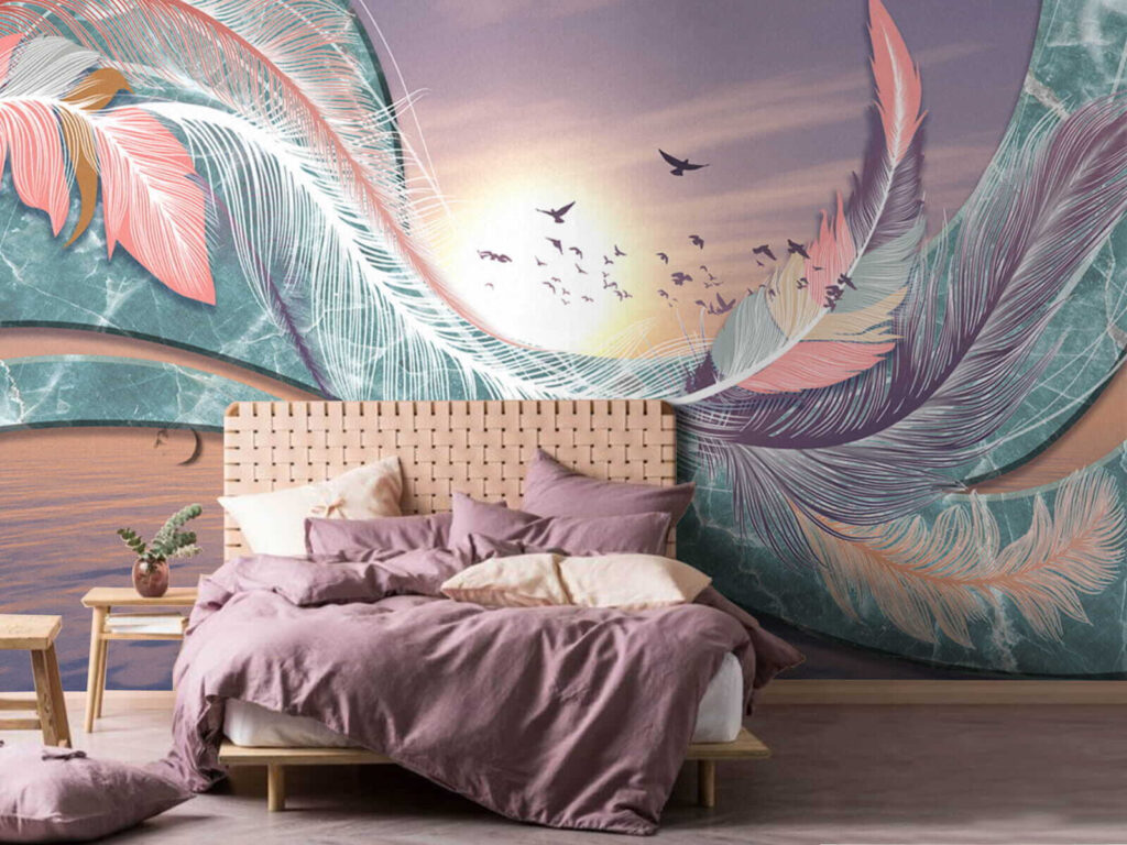 Colorful feathers and birds flying over water