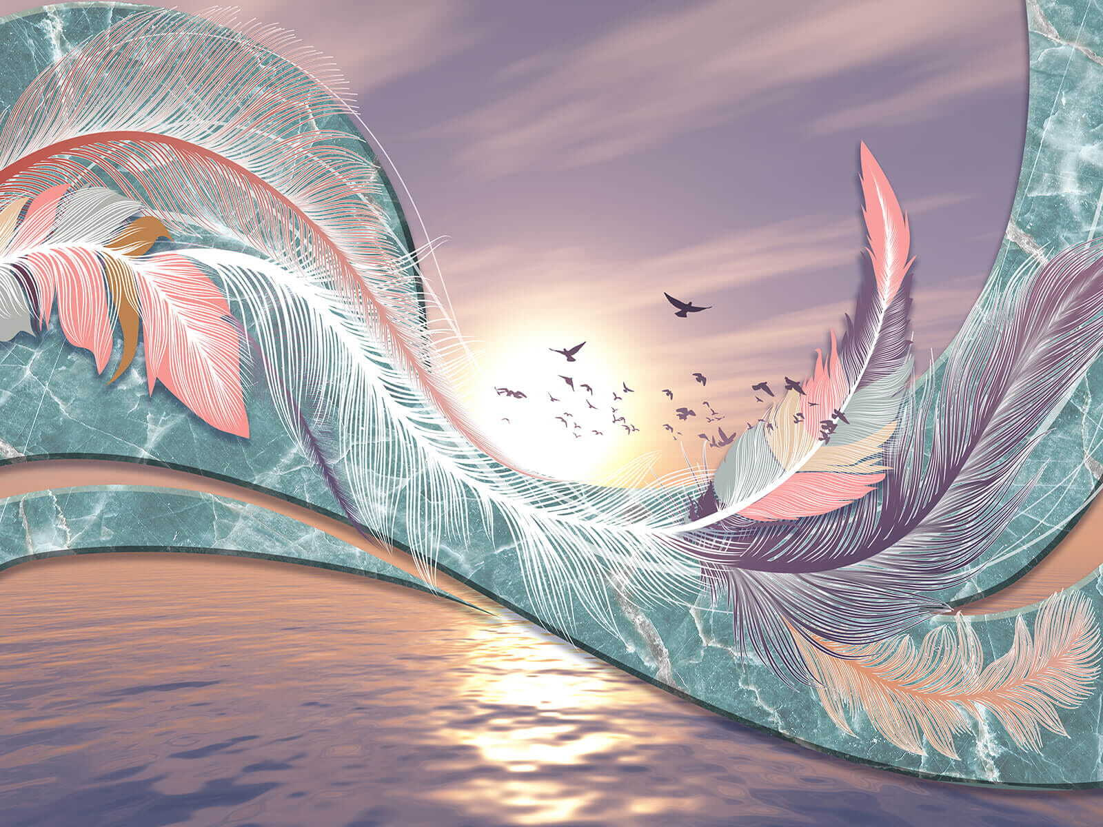 Colorful feathers and birds flying over water