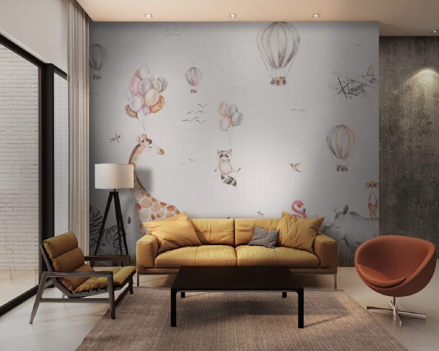 Papel de parede Mural de parede com animais e balões de ar quente