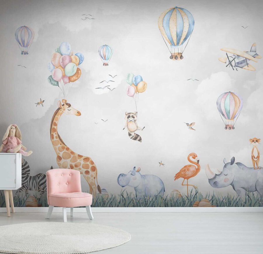 Mural de parede com animais e balões