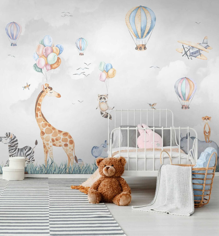 Mural de parede com animais e balões